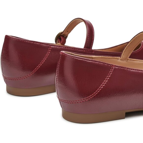 Trary Women Burgundy Leather Round Toe Mary Jane Ankle Strap Ballet Flats Shoes - Picture 3 of 6